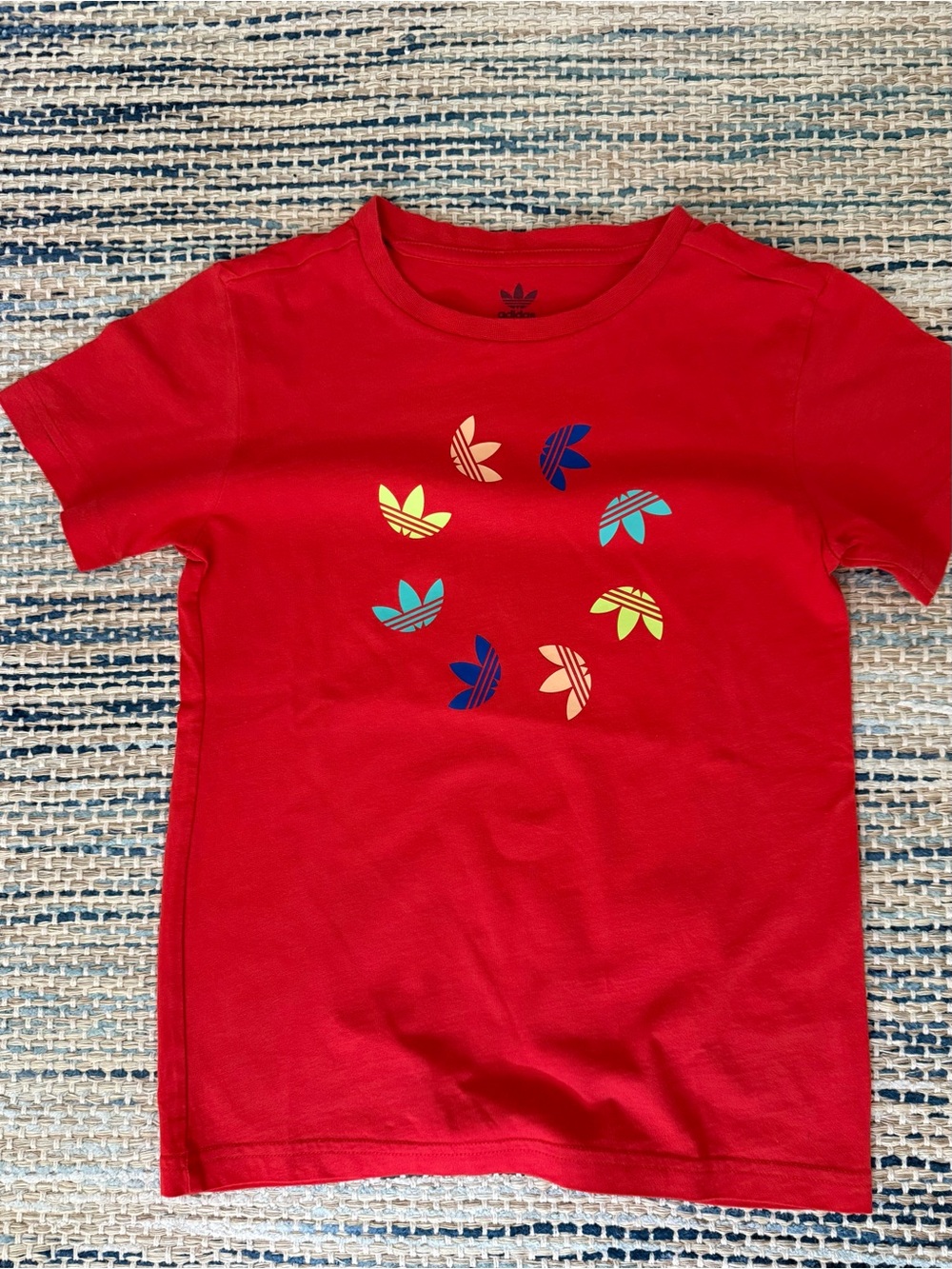 adidas Red Short Sleeve Kids Tee with Multicolor Trefoil Circle
